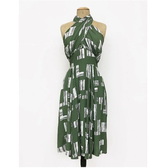 Loco Lindo Dresses & Skirts - Doris Mayday for Loco Lindo - Green City Blocks Halter Retro Swing Dress Size L